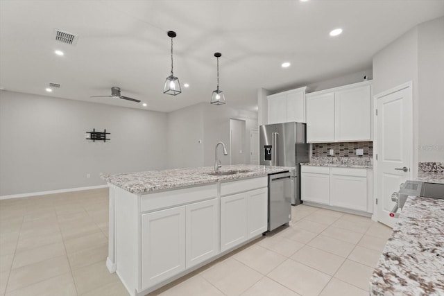 kitchen with appliances with stainless steel finishes, a kitchen island with sink, sink, ceiling fan, and white cabinets