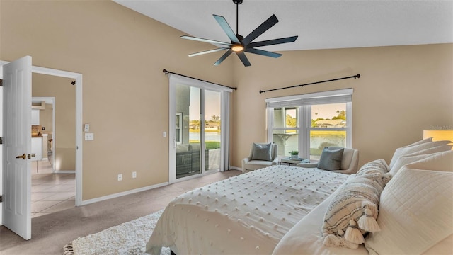 tiled bedroom featuring ceiling fan, high vaulted ceiling, and access to outside