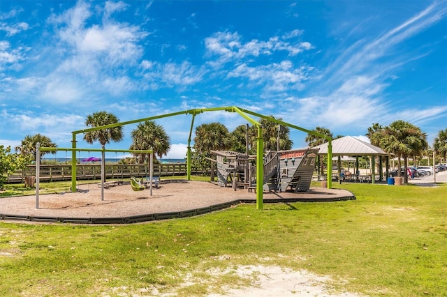 view of playground with a yard and a gazebo