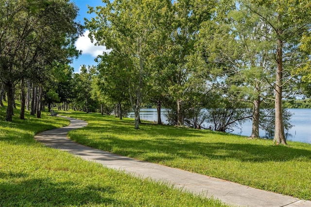 view of community featuring a water view and a lawn