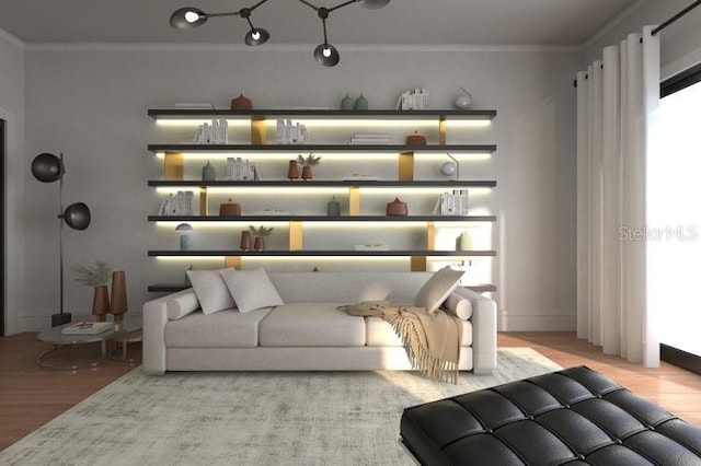 living room with crown molding and light wood-type flooring