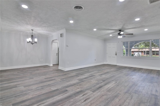 unfurnished living room featuring ceiling fan with notable chandelier, a textured ceiling, ornamental molding, and dark hardwood / wood-style floors