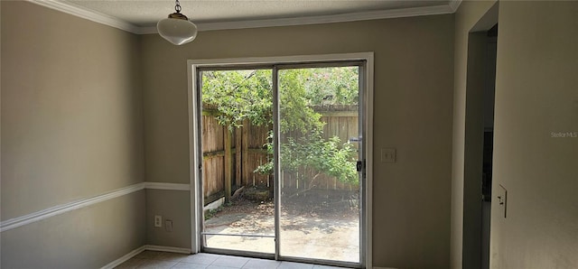 doorway to outside with ornamental molding, a textured ceiling, and light tile patterned floors