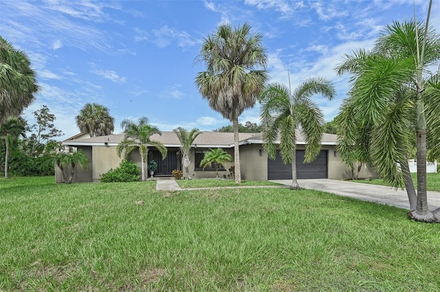 single story home featuring concrete driveway, an attached garage, a front yard, and stucco siding