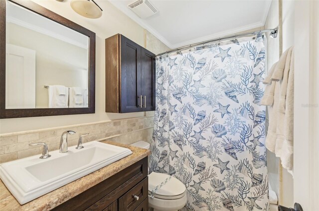 bathroom with vanity, curtained shower, crown molding, toilet, and decorative backsplash