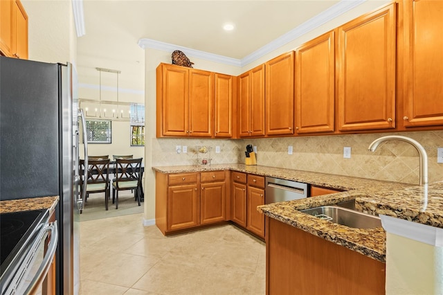 kitchen featuring sink, light tile patterned floors, ornamental molding, appliances with stainless steel finishes, and light stone counters