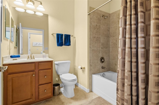 full bathroom with toilet, tile patterned flooring, vanity, and shower / tub combo with curtain