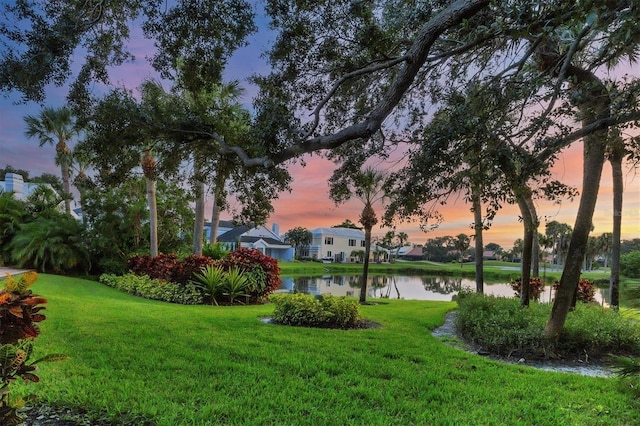 surrounding community with a yard and a water view