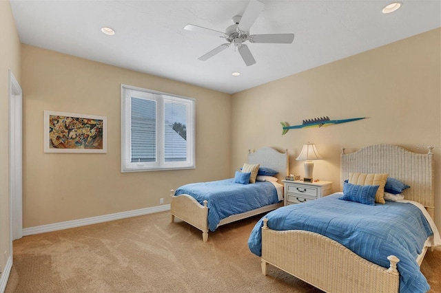 bedroom with light carpet, ceiling fan, recessed lighting, and baseboards