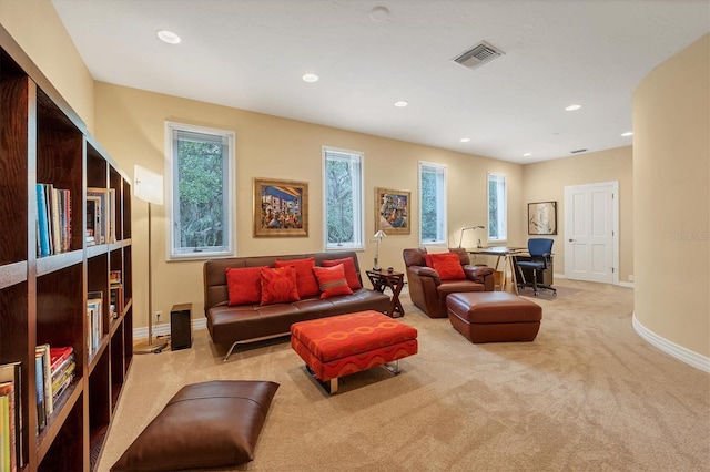 sitting room featuring baseboards, recessed lighting, visible vents, and light colored carpet