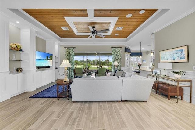 living room featuring a skylight, wood ceiling, light hardwood / wood-style floors, a raised ceiling, and ceiling fan