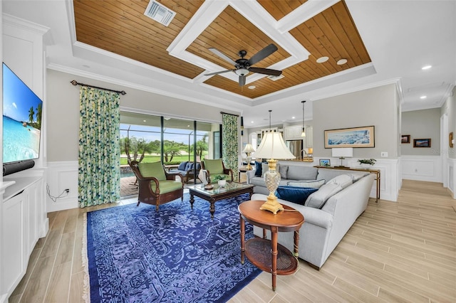 living room with a tray ceiling and wooden ceiling