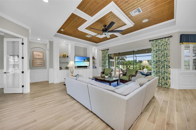 living room featuring wood ceiling, light hardwood / wood-style flooring, and ceiling fan