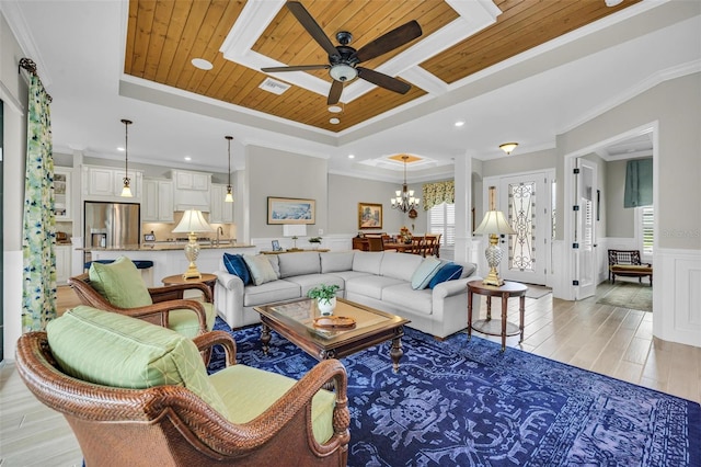 living room featuring a tray ceiling, wood ceiling, and light hardwood / wood-style floors