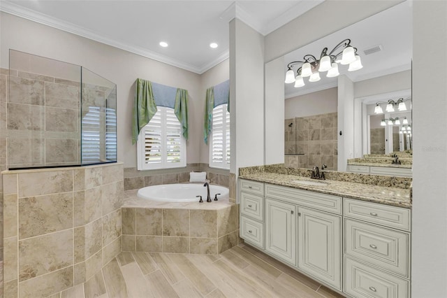 bathroom featuring crown molding, vanity, and plus walk in shower