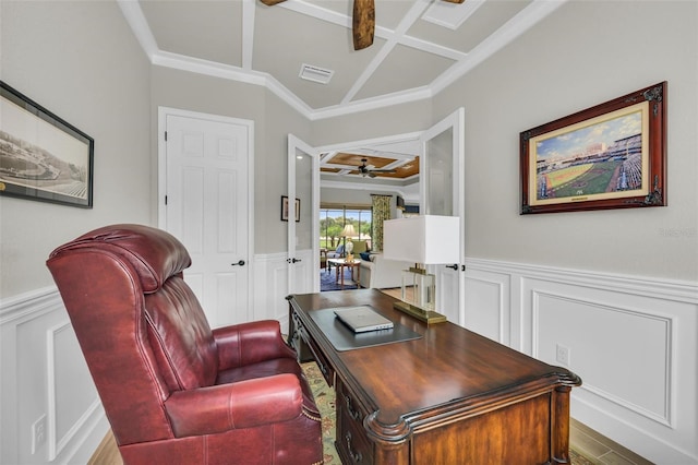 office featuring crown molding, coffered ceiling, hardwood / wood-style floors, and ceiling fan