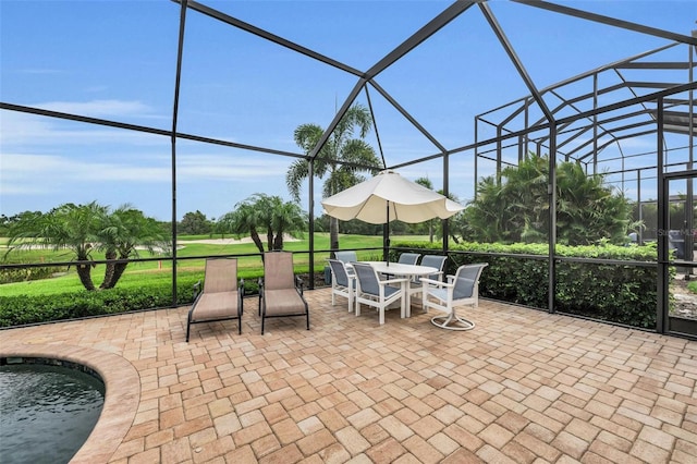 view of patio featuring glass enclosure