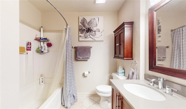 full bathroom featuring tile patterned flooring, vanity, toilet, and shower / bath combination with curtain