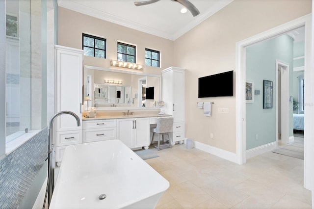 bathroom with ceiling fan, tile patterned floors, vanity, and crown molding