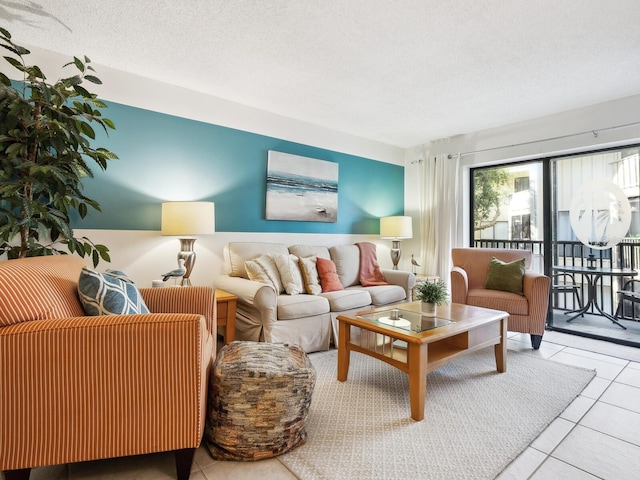 tiled living room with a textured ceiling