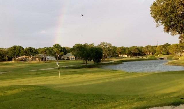 view of community with a yard and a water view