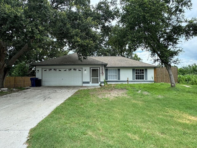 ranch-style home with a front yard and a garage