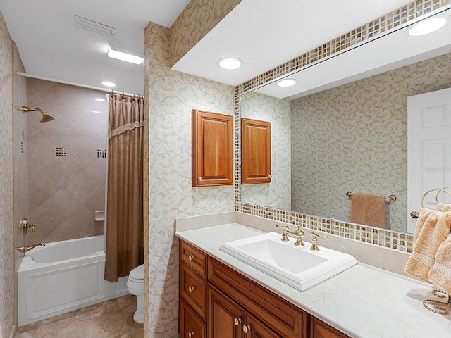 full bathroom with toilet, vanity, and shower / bathtub combination with curtain