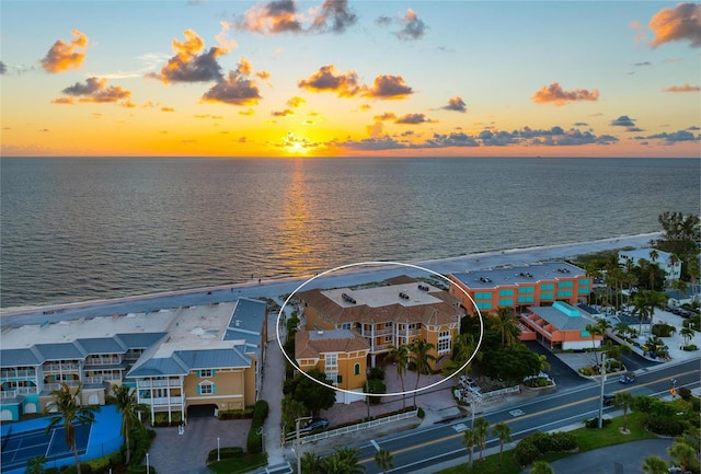 drone / aerial view featuring a residential view and a water view