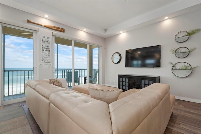 living room with recessed lighting, baseboards, and wood finished floors