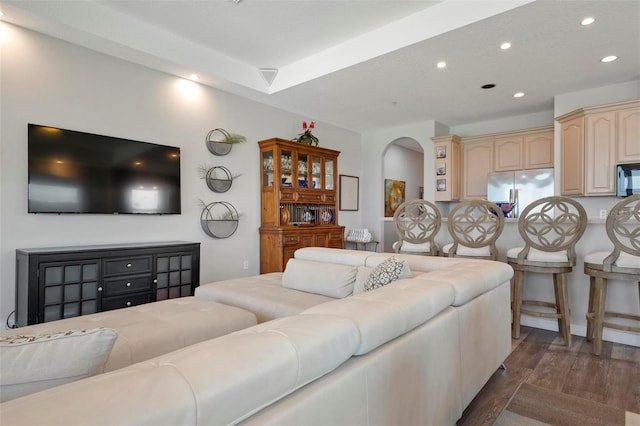 living area featuring recessed lighting and dark wood-style flooring