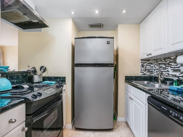 6157 Midnight Pass Rd Unit A51, Sarasota, FL 34242 - kitchen with appliances with stainless steel finishes, a sink, ventilation hood, decorative backsplash, and white cabinets