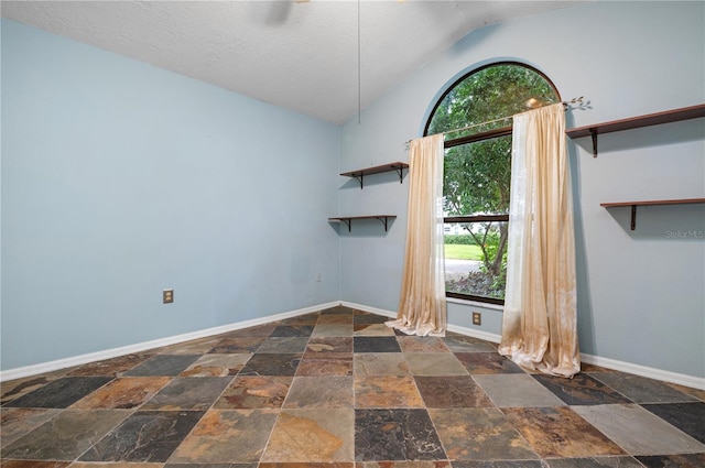 unfurnished room featuring a textured ceiling, lofted ceiling, and a wealth of natural light