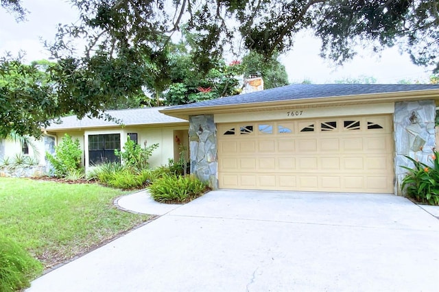 ranch-style home with a front lawn, driveway, stone siding, a garage, and a chimney