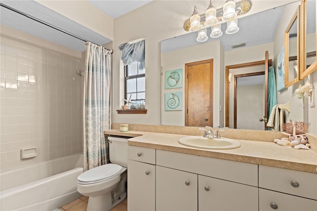 full bath with tile patterned floors, visible vents, toilet, shower / bath combination with curtain, and vanity