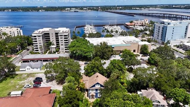 drone / aerial view with a water view