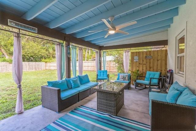 view of patio / terrace featuring an outdoor hangout area, a fenced backyard, and a ceiling fan