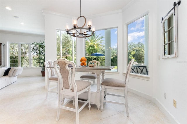 tiled dining space featuring ornamental molding, a chandelier, and a healthy amount of sunlight