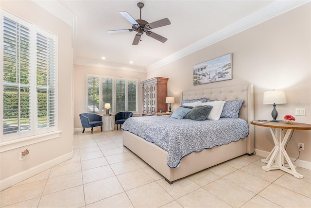 tiled bedroom featuring crown molding and ceiling fan