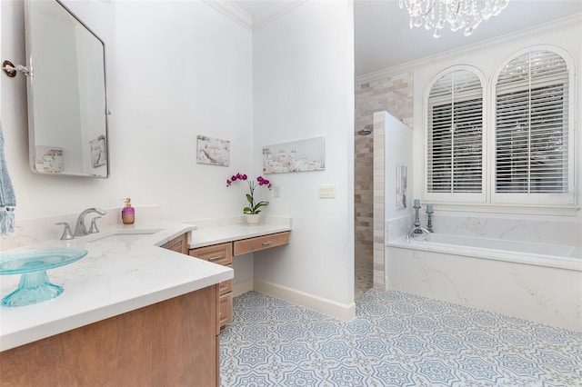 bathroom with tile patterned floors, independent shower and bath, vanity, and crown molding