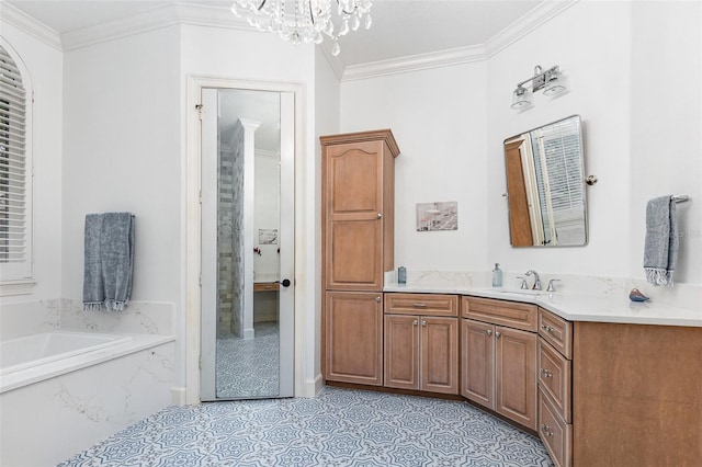 bathroom with crown molding, vanity, a bathing tub, and a notable chandelier