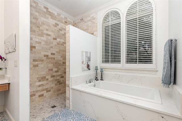 bathroom with shower with separate bathtub and crown molding