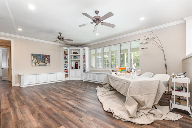 interior space with ceiling fan, a textured ceiling, crown molding, and dark wood-type flooring