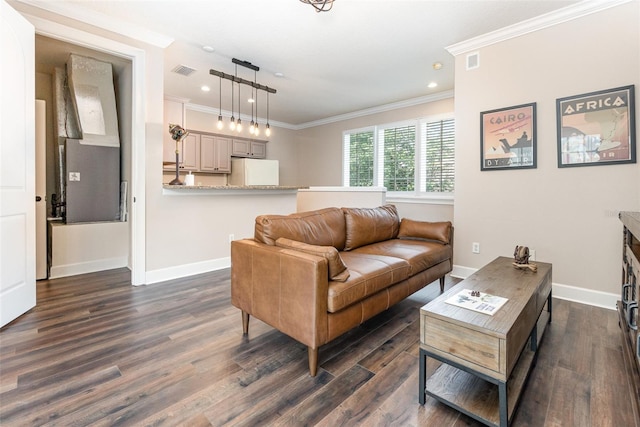 living room featuring ornamental molding and dark wood-type flooring