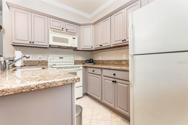 kitchen with light tile patterned flooring, white appliances, gray cabinets, ornamental molding, and sink