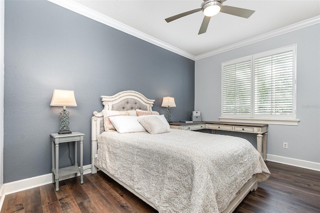 bedroom with ceiling fan, crown molding, and dark wood-type flooring