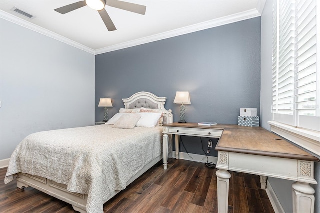 bedroom with ceiling fan, dark hardwood / wood-style floors, and crown molding