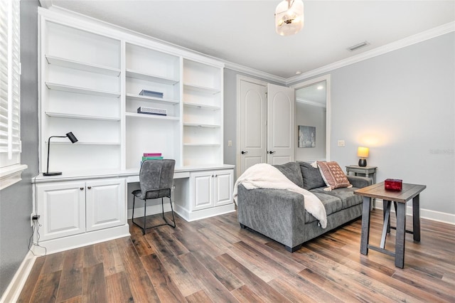 office with ornamental molding and dark wood-type flooring