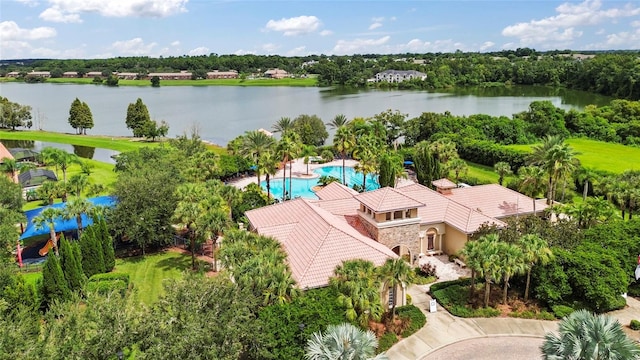 drone / aerial view featuring a water view