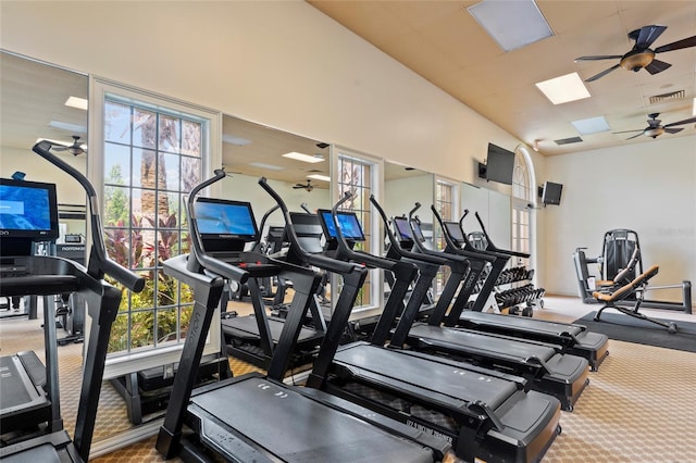 exercise room with ceiling fan, carpet, and a wealth of natural light