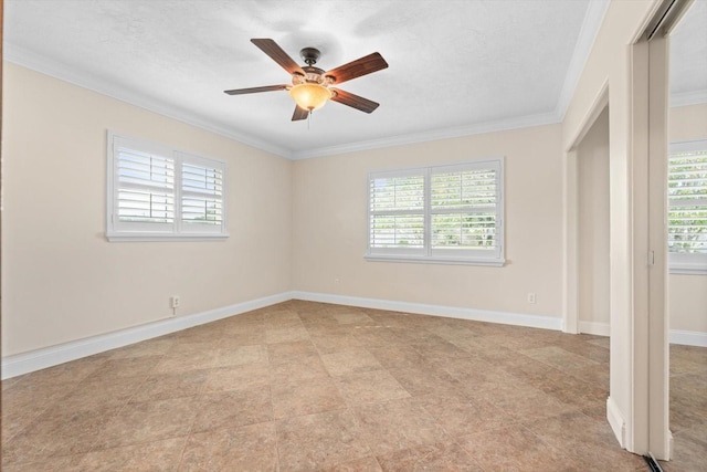 spare room with ceiling fan, a textured ceiling, and ornamental molding